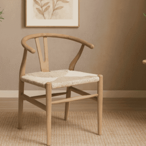Sage indoor teak dining chair with rattan woven at seat styled in a modern dining space by dining chair supplier from Indonesia