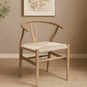 Sage indoor teak dining chair with rattan woven at seat styled in a modern dining space by dining chair supplier from Indonesia