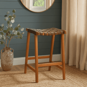 Natural Sungkai Wood and Leather Counter Stool made by Indonesian furniture supplier