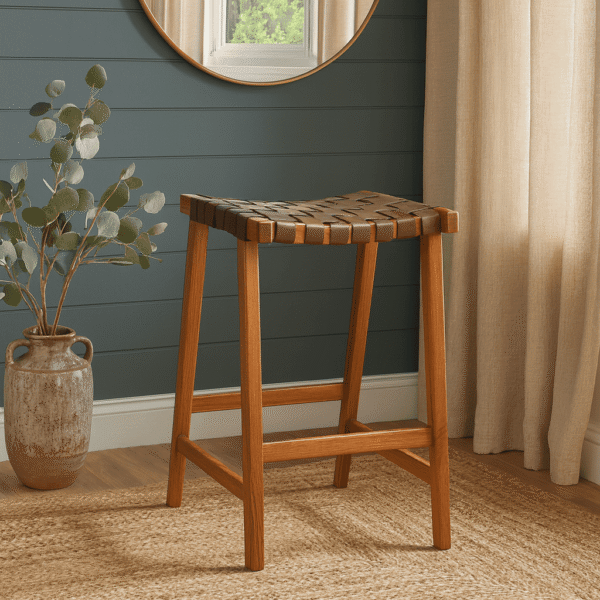 Natural Sungkai Wood and Leather Counter Stool made by Indonesian furniture supplier