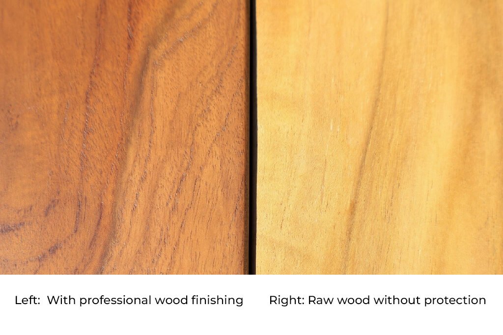 Finishing-01 Comparison of raw wood and professionally finished surface from Indonesian furniture manufacturers, showing the impact of wood finishing on color and texture.