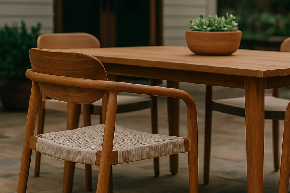 Modern teak outdoor dining set with woven seats on a stone patio, ideal for hospitality project like hotels and resorts.