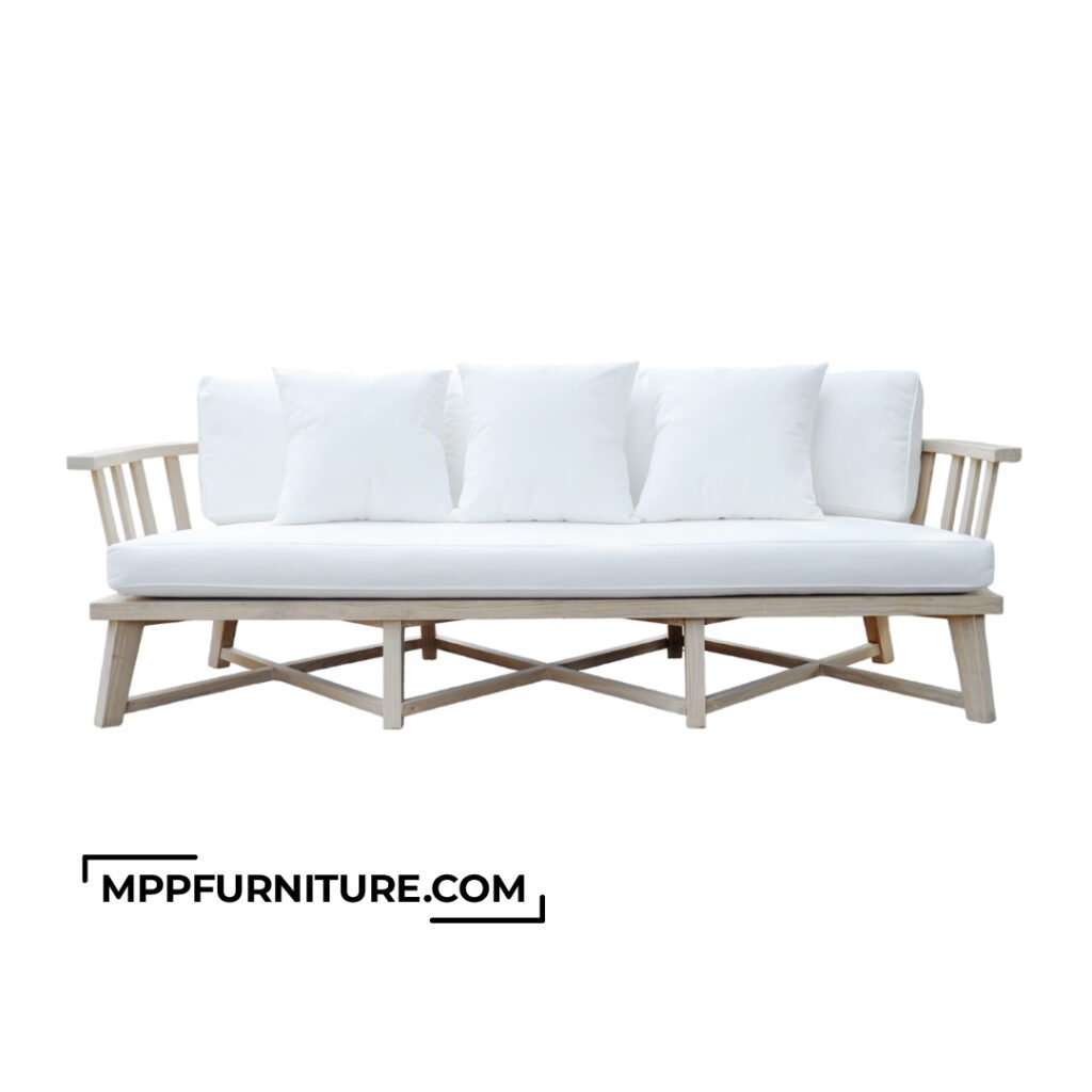 Arthur Outdoor Sofa 3 Seater by MPP Furniture – outdoor teak wood sofa with white Cartenza cushions and V-cross rope webbing, made by Indonesian furniture manufacturer