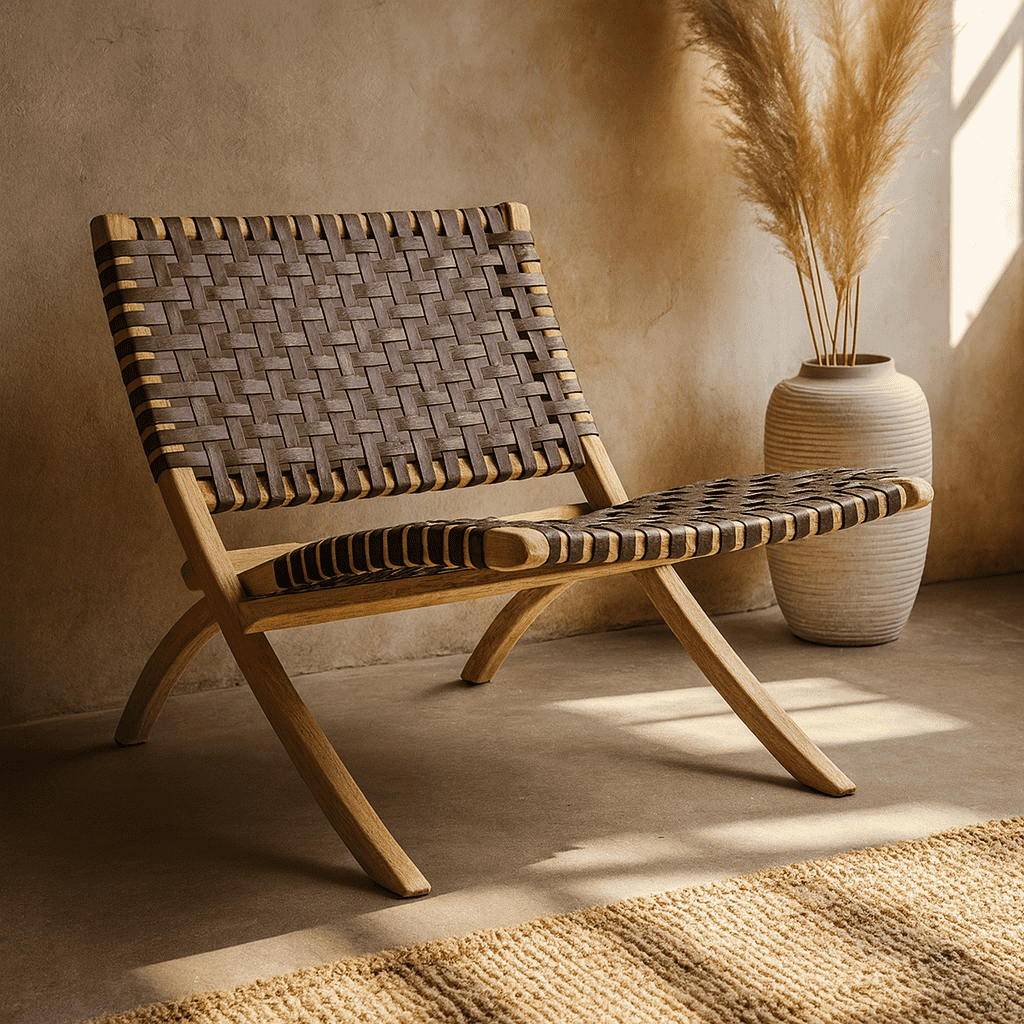 Bonita folding chair with leather woven sungkai wood furniture made by one of the top indonesian furniture manufacturers