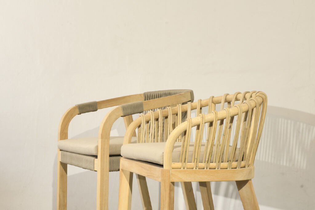 Stylish natural curved wood dining chairs with rope weaving and soft cushions for indoor and outdoor use
