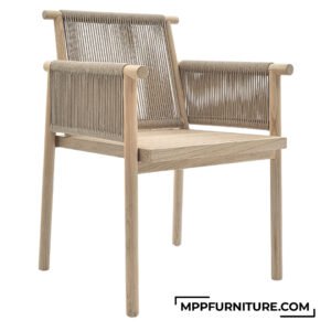 Gigi rope accent chair with teak wood frame and loop-woven outdoor rope, designed for stylish and durable outdoor dining settings.