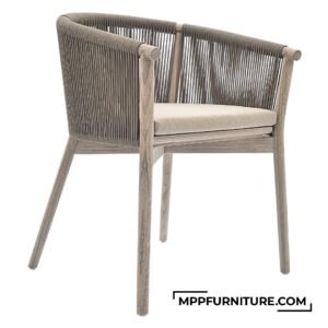 Jenny BG Outdoor Arm Chair with Cushion made of reclaimed teak wood frame, beige rope webbing, and seat cushion — modern outdoor arm chair for patio or garden use