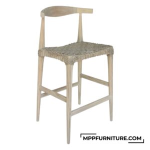 Wooden teak outdoor counter stool with back support and woven rope seat, made from reclaimed Indonesian teak wood by MPP Furniture – Kay TXC CS