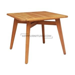 Solid outdoor teak dining table with slatted top and angled legs, natural finish, made in Indonesia for patios, gardens, and commercial outdoor spaces by MPP Furniture