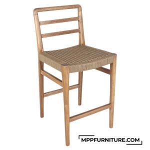 Maluku outdoor rope bar stool made from teak wood with beige outdoor rope seat in full webbing pattern, designed for outdoor use by MPP Furniture