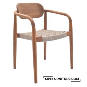 Mamia teak outdoor chair with curved teak frame and woven seat, designed for patio or garden use by MPP Furniture, Indonesian furniture manufacturer.