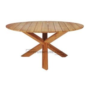 Round teak dining table made out teak wood with cross-leg base in natural wood finish – Poppy model by MPP Furniture as Indonesian furniture manufacturer