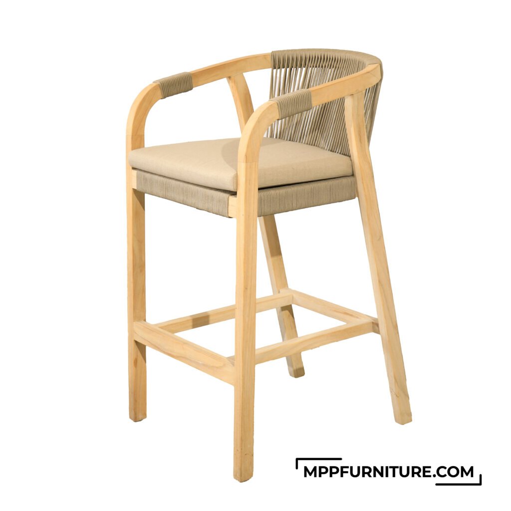 Rimini Outdoor Counter Stool made from Indonesian teak wood with beige outdoor rope and cushion seat, ideal for outdoor bar or kitchen island settings.