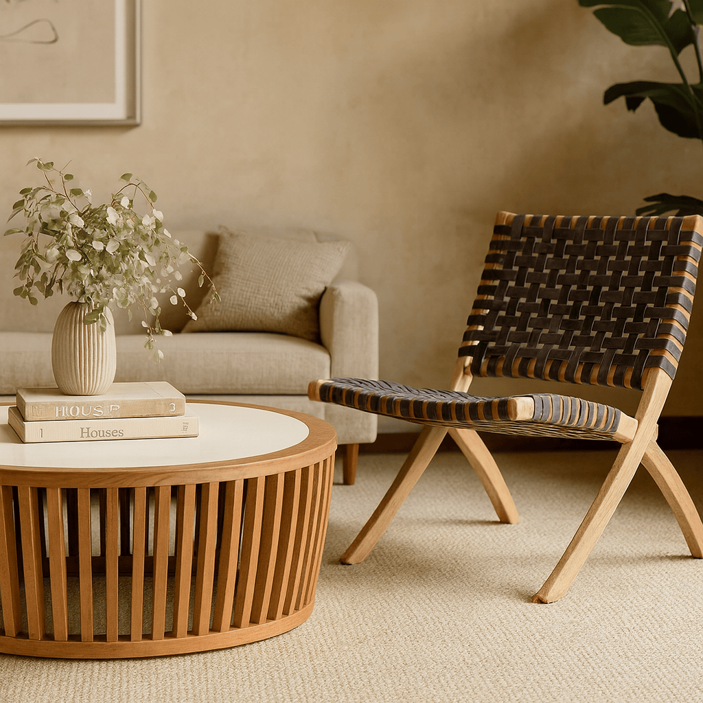 Bonita Folding Chair and Sinoshi Round Coffee Table from sungkai wood made by Indonesian furniture supplier
