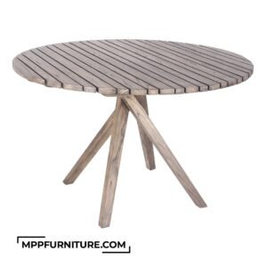 Rustic outdoor dining table with slatted top and rustic black wash finish, featuring crossed-leg base for garden or patio use. Made by MPP Furniture