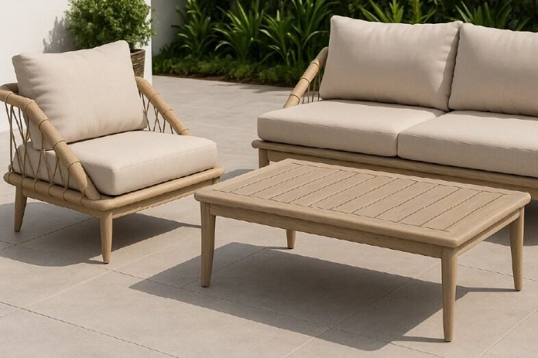 Teak patio furniture set with outdoor loveseat, armchair, and matching coffee table for retailers and importers