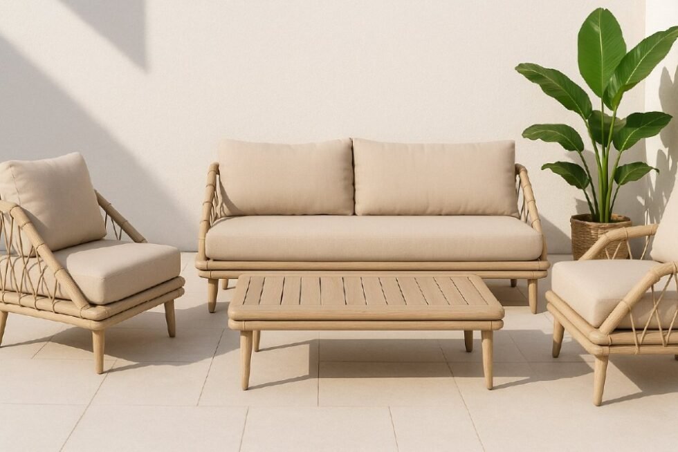 Export-ready teak patio furniture set with sofa, armchairs, and solid wood coffee table from Indonesian manufacturer