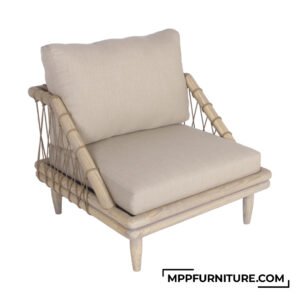 Vona Teak Wood Patio Chair – Outdoor teak arm chair with beige cushion and rope webbing, made from rustic reclaimed teak wood for patio or lounge settings.