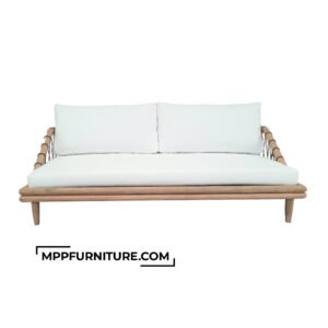 Vona ORW outdoor 2 seater sofa made from reclaimed teak wood with beige rope backrest and white patio loveseat cushions – ideal for patio or garden use.