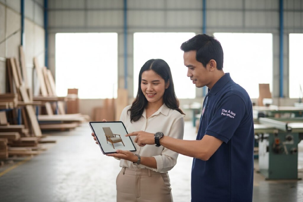 An interior designer collaborating with a manager from an Indonesian furniture manufacturer to review a 3D model of a bespoke furniture piece on a tablet in a clean factory setting.
