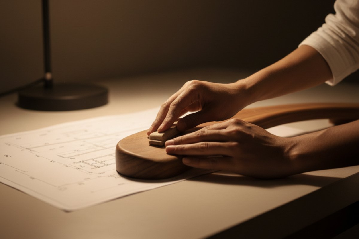 A close-up of an artisan from an Indonesian teak furniture factory carefully hand-sanding a piece of bespoke mindi wood furniture over a technical blueprint, showcasing quality craftsmanship.