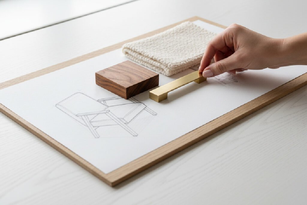 An interior designer's mood board showing the creative process for designing bespoke furniture, with Indonesian teak wood samples, fabric swatches, and a custom chair sketch.