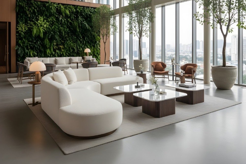A luxurious office lounge showcasing key commercial furniture trends, featuring a white curvilinear sofa, marble coffee tables, and a large biophilic green wall in the background.