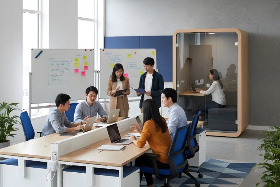 An agile office embodying modern commercial furniture trends, with employees using modular desks and a soundproof acoustic pod for focused work.