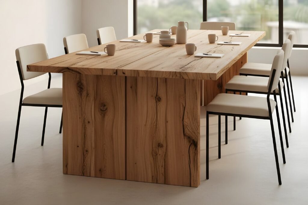 A minimalist boardroom highlighting sustainable commercial furniture trends with a large, rustic solid wood table surrounded by modern chairs.