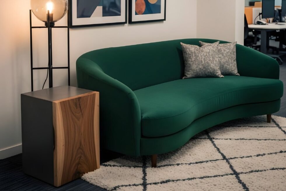 A curated interior corner reflecting the latest commercial furniture trends, featuring a deep green curved sofa and a solid wood block side table.