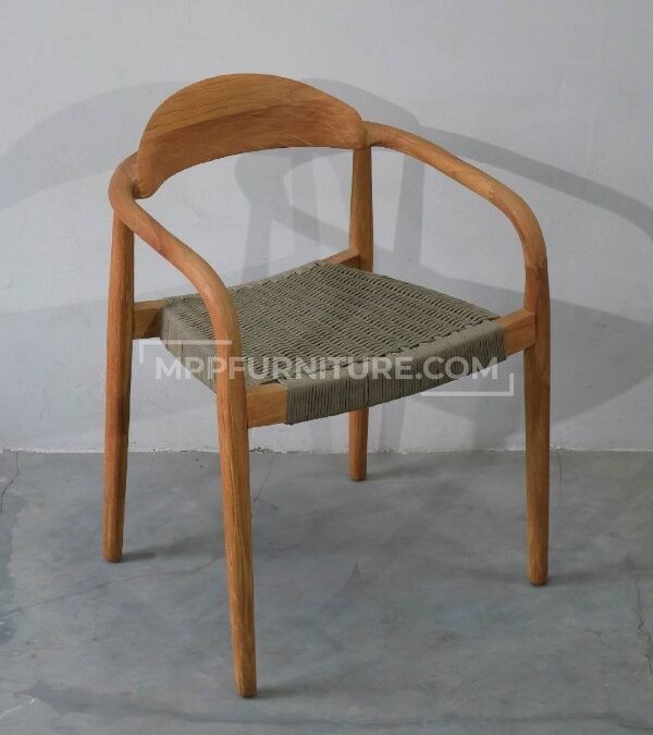 Artisanal wood dining chair, the Crescent, shown in a natural teak finish with a durable, hand-woven khaki rope seat for an earthy aesthetic. Made by Custom Furniture Manufacturer MPP Furniture