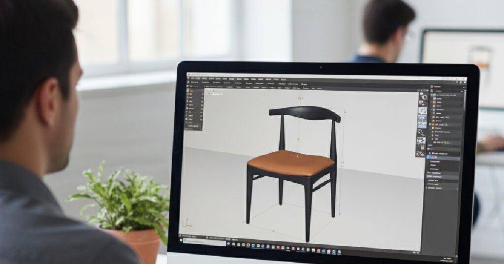 A designer at a Custom Furniture Manufacturer works on a 3D CAD model of a signature chair, showcasing the technical design process.