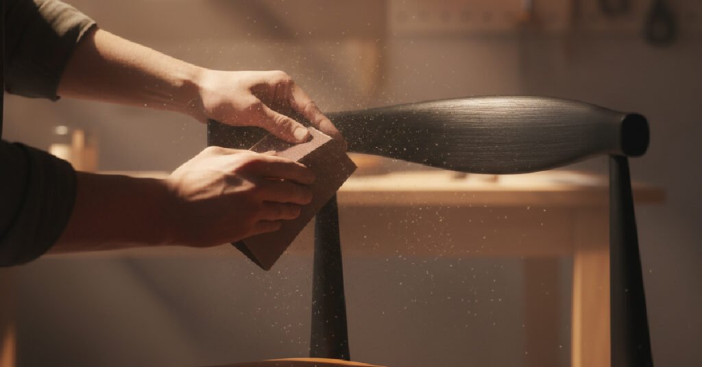 A craftsman's hands carefully sanding a chair prototype, highlighting the attention to detail from a high-end Custom Furniture Manufacturer.