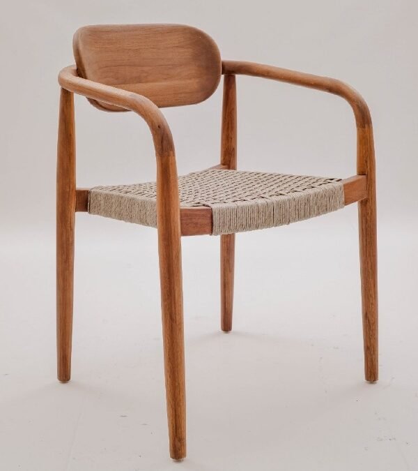 Modern indoor teak furniture armchair with a curved solid wood backrest and a natural woven seat.