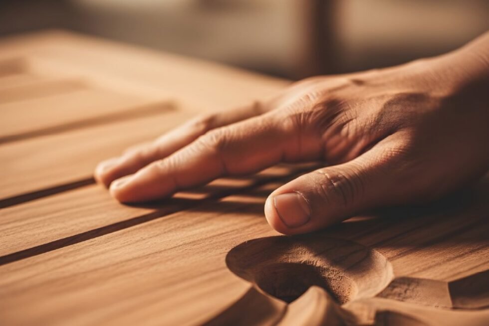 A close-up of an artisan's hand on a handcrafted furniture piece, highlighting the solid wood grain and artisanal quality that professional interior designers seek for their custom projects.