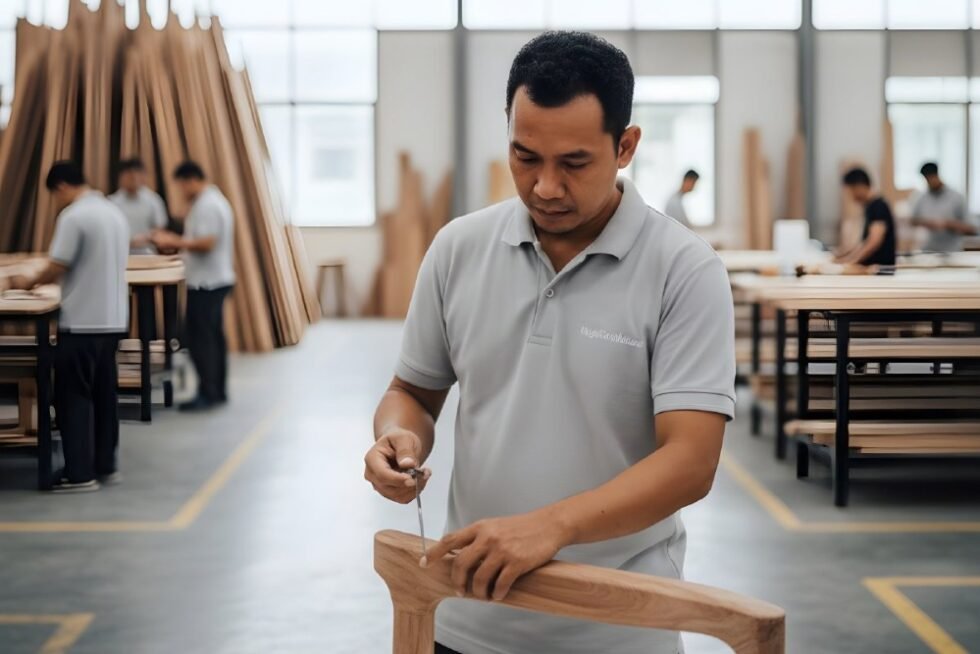 An artisan at a Japara furniture manufacturer facility performs furniture quality control on a wooden chair, showing the reliable B2B process that solves sourcing challenges for interior designers.