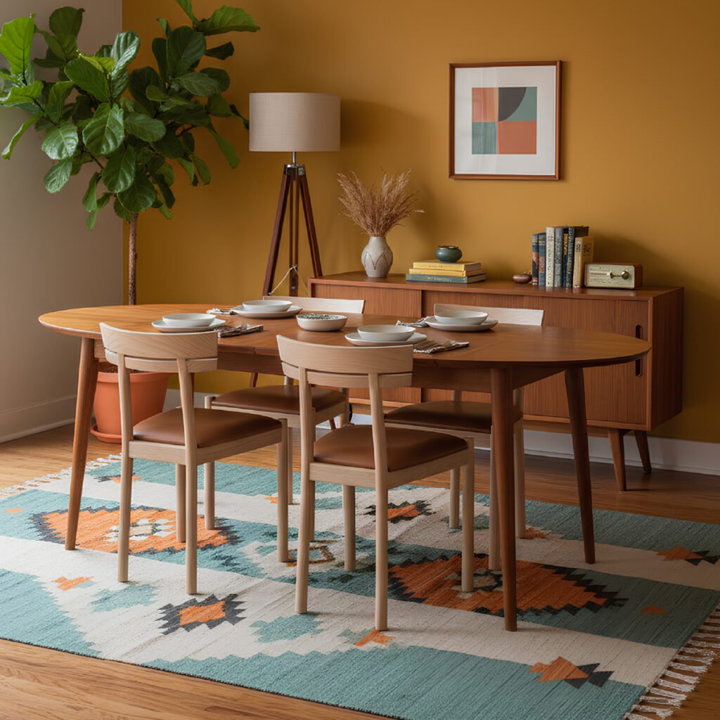 A professionally styled dining room featuring mid-century modern style furniture, including four light wood Tally chairs with tan seats around an oval dining table.