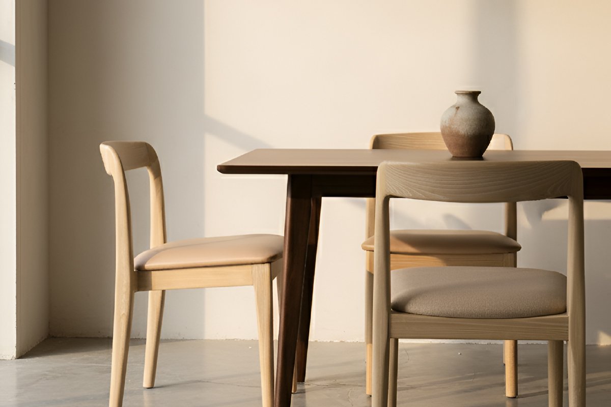 A close-up of light sungkai wood dining chairs showcasing the clean lines and craftsmanship of mid-century modern style furniture in a minimalist setting.