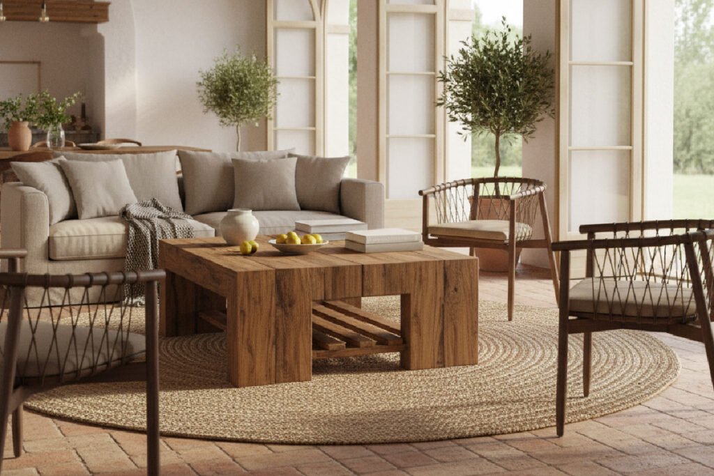 A bright, airy living room in a Tuscan villa showcasing Mediterranean style furniture. The scene features a large, rustic solid teak coffee table and woven armchairs arranged on a round jute rug, demonstrating a high-end, hospitality-grade interior design for a luxury hotel project.