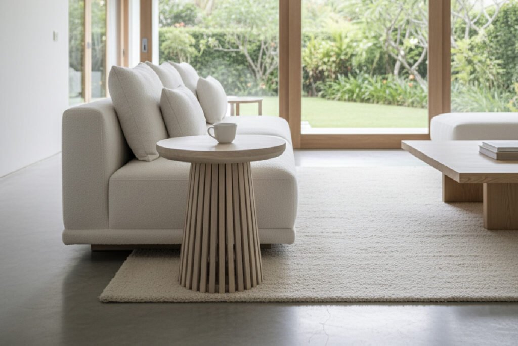 A serene living room in a luxury coastal villa in Bali featuring modern Mediterranean style furniture. A light-colored bouclé sofa is paired with a small, round slatted wood side table, showcasing a minimalist and high-end approach to coastal style furniture for a B2B project.