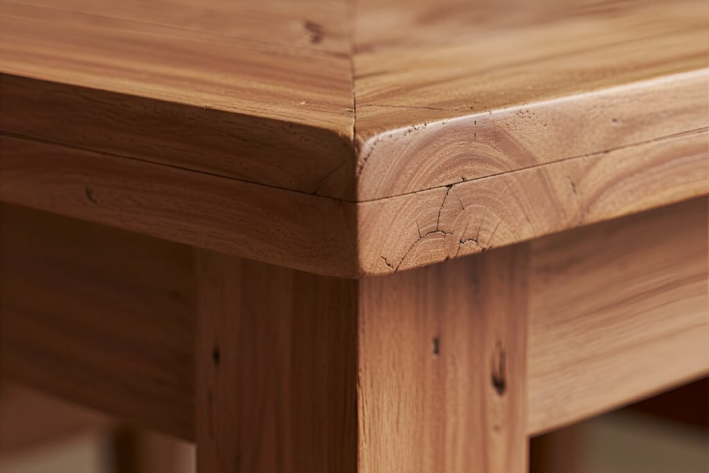 A detailed macro shot of a mitered corner joint on a solid teak wood furniture piece, highlighting the superior craftsmanship of a sustainable Indonesian furniture supplier. The image focuses on the rich texture and natural end-grain of the reclaimed wood, showing the character and durability that defines high-quality, ethically sourced furniture.