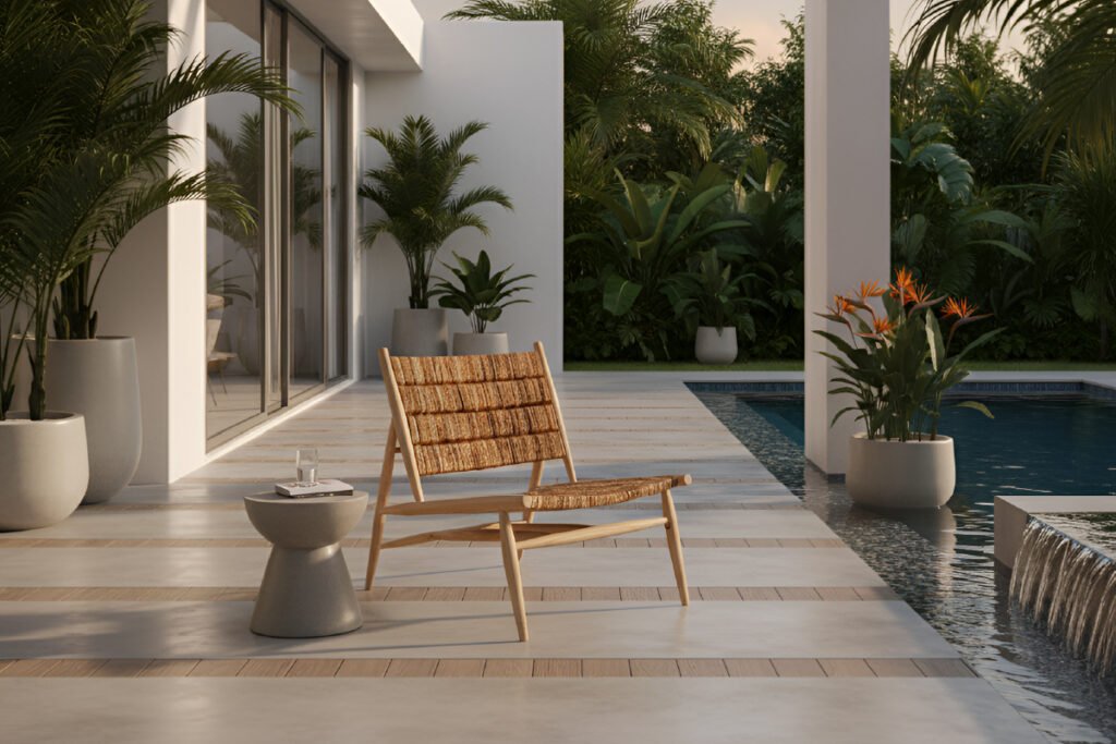 A piece of Tropical Modernism Furniture, the Aaron teak lounge chair, sits on a modern poolside patio surrounded by lush greenery, showcasing a luxury indoor-outdoor living concept.