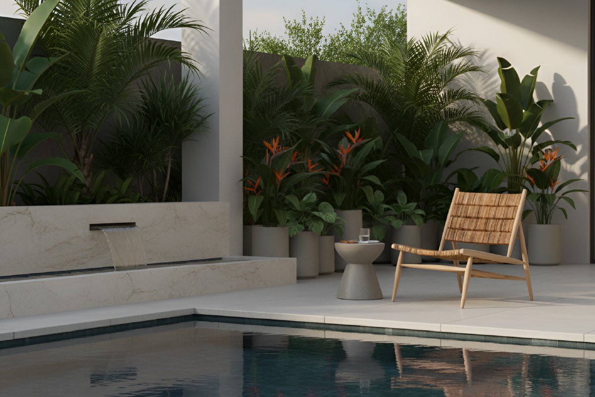 The Aaron chair, an example of high-end Tropical Modernism Furniture, placed next to a tranquil swimming pool and modern water feature, ideal for luxury hospitality projects.