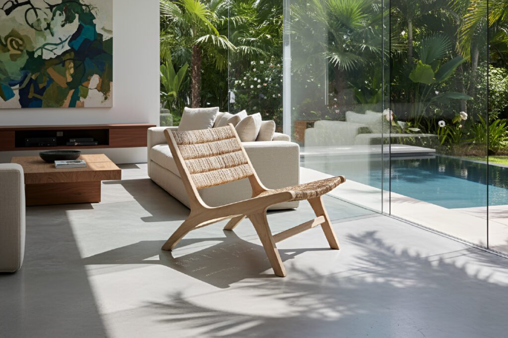 A light-filled living room featuring the Carolina chair as the centerpiece of a Tropical Modernism Furniture collection, with floor-to-ceiling windows opening to a garden and pool.