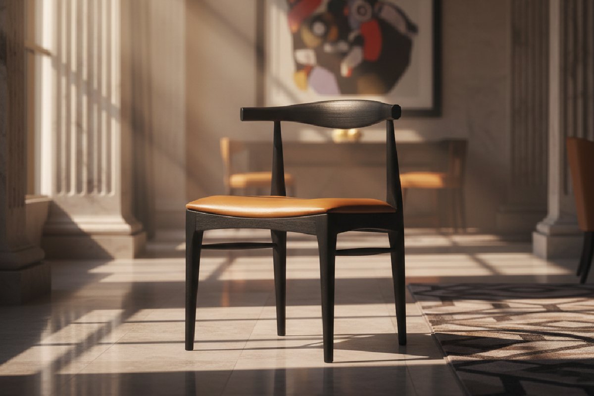 A signature chair with a tan leather seat, an example of work from a Custom Furniture Manufacturer, sits in a sunlit luxury hotel lobby.