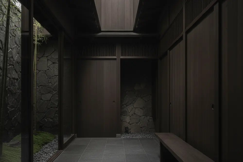 Entrance to a Dark Wabi Sabi Shadowed Sanctuary showing stone walls, dark wood joinery, and bamboo, reflecting Japanese meditative architecture.
