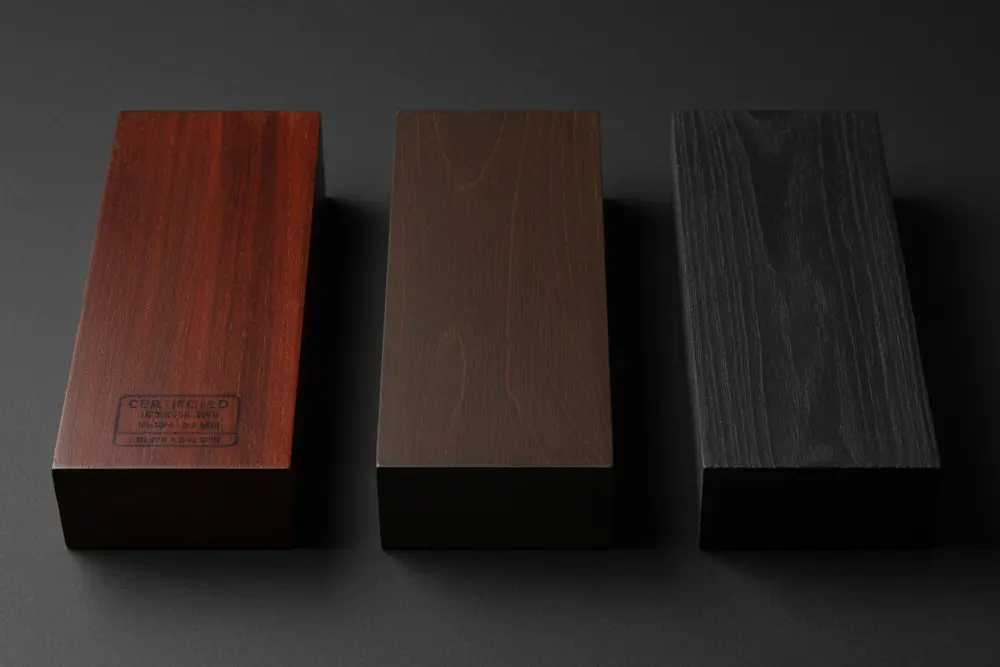 Three dark wood samples on a black background (Mahogany, Teak, and TMT), illustrating the compliant tiered material options for the Dark Wabi Sabi trend.