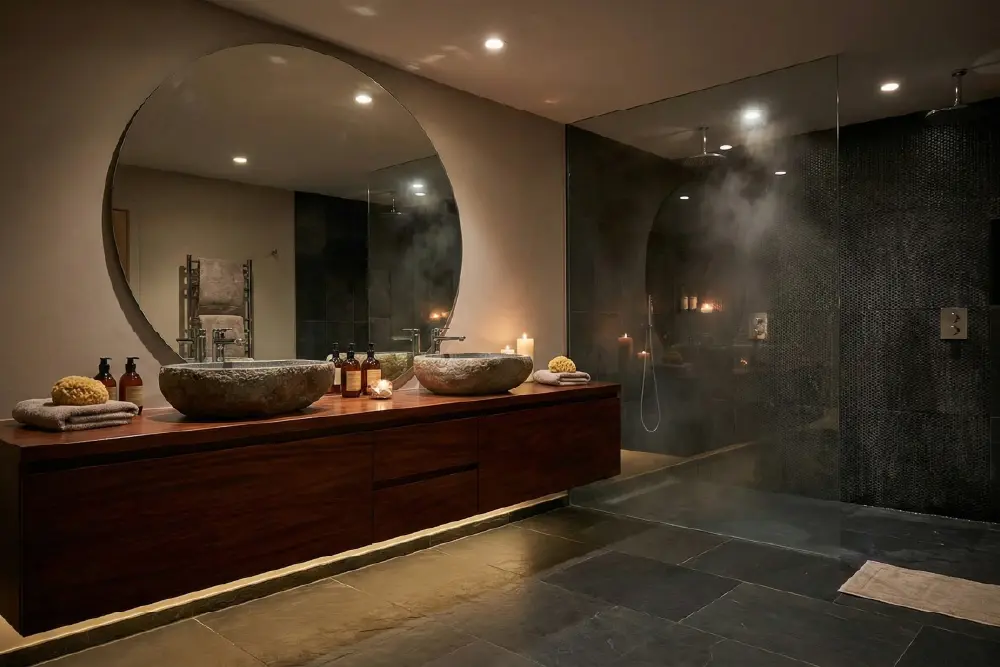 Luxurious spa-like bathroom vanity made with EUDR-compliant dark Mahogany wood and natural stone basins, reflecting the wellness trend in hospitality
