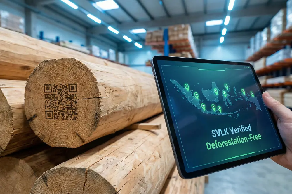 Digital traceability system showing a tablet scanning a QR code on timber logs to capture plot-level geolocation data for EUDR compliance verification