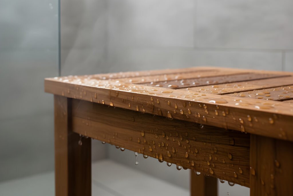 A macro-detail shot of a wet teak shower bench inside a frameless glass steam shower.